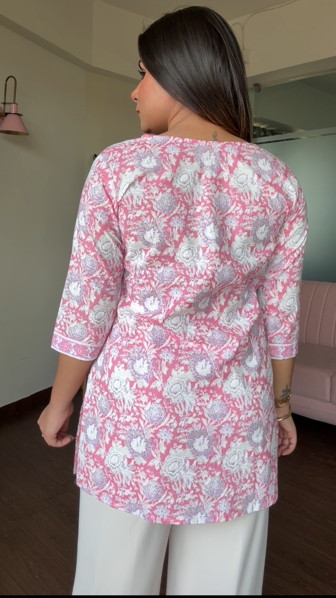 V Neck Block Printed Cotton Kurti