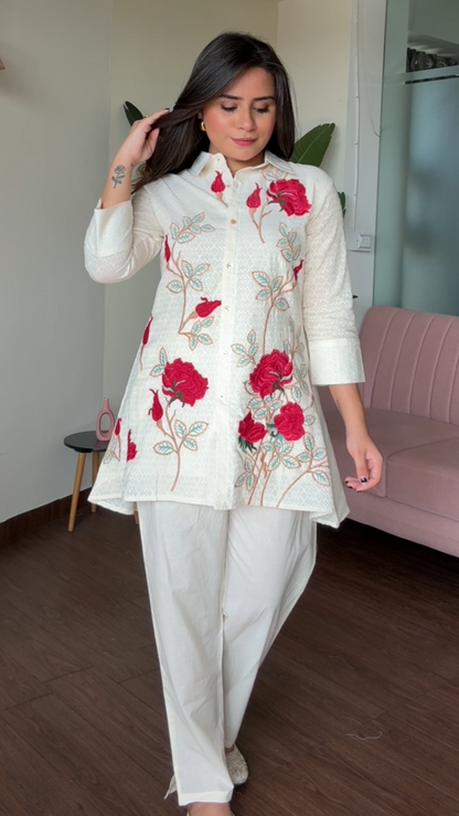 Rose Embroidered Collard 2 Piece Co-Ord Set