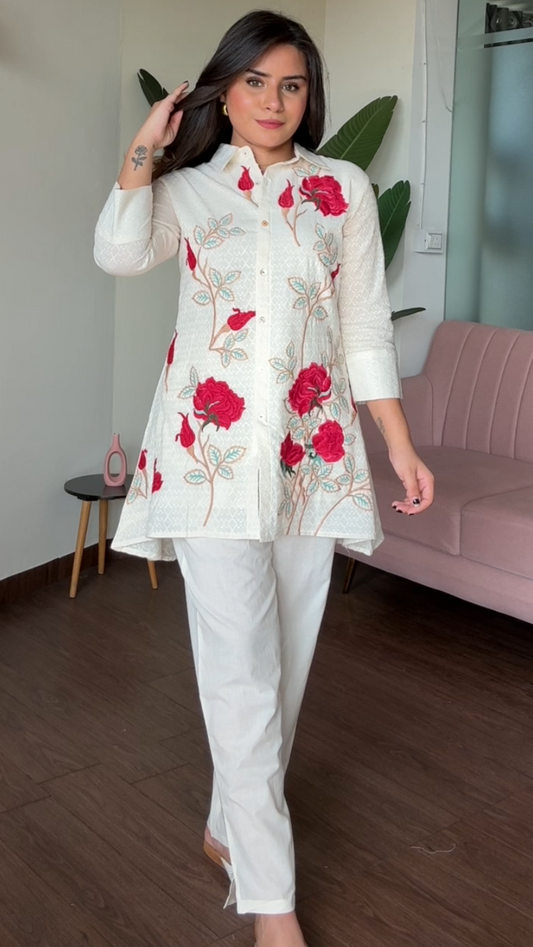 Rose Embroidered Collard 2 Piece Co-Ord Set