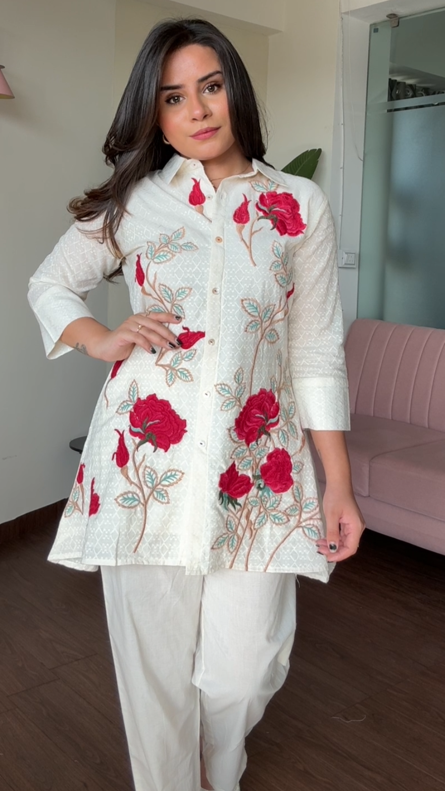 Rose Embroidered Collard 2 Piece Co-Ord Set