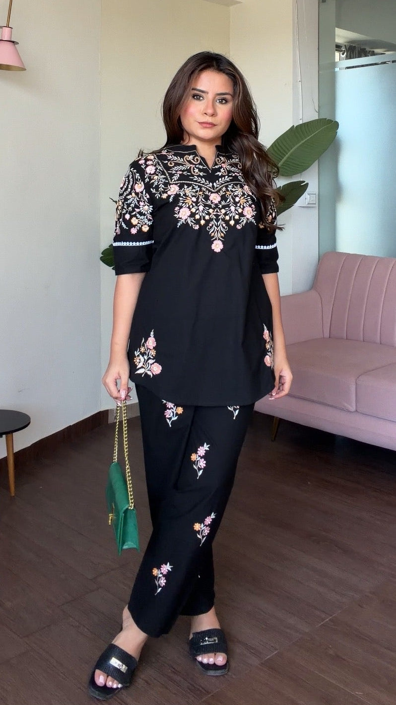Multicolour Embroidery Black Solid Co-ord Set