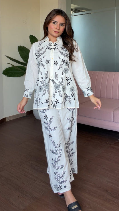 Contrast Embroidered Cotton White Co-ord Set