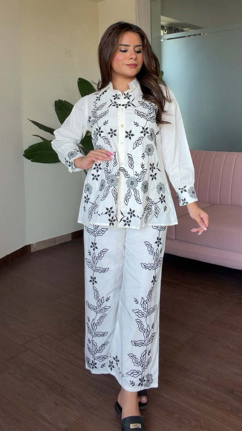 Contrast Embroidered Cotton White Co-ord Set
