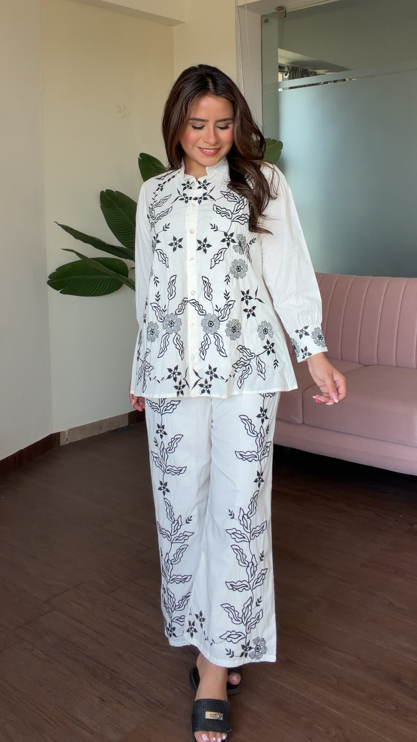 Contrast Embroidered Cotton White Co-ord Set