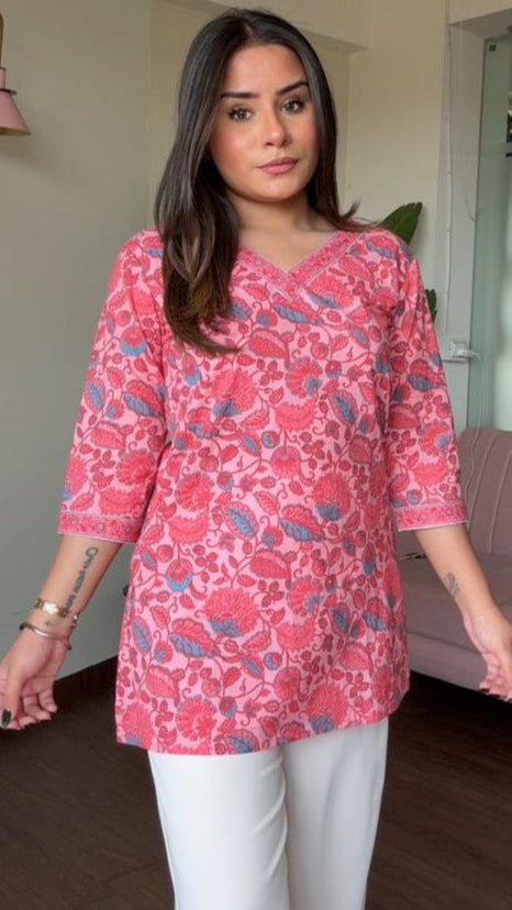 V Neck Block Printed Cotton Kurti